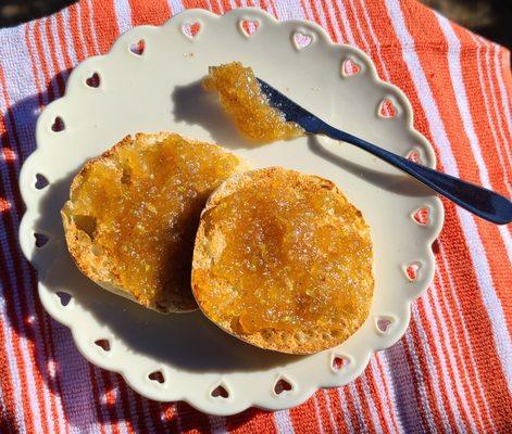 Orange marmalade on an English muffin