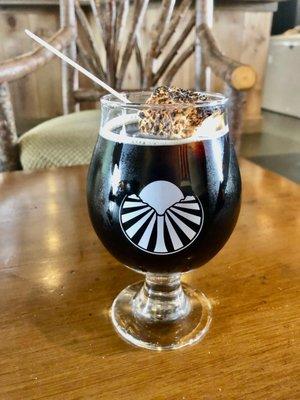 Happy Camper S'mores Stout - garnished with a freshly toasted marshmallow