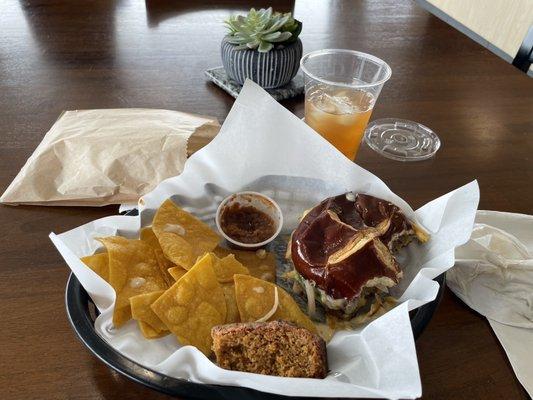 Super Dave Burger with Arnold Palmer and a Blueberry Lemon scone.