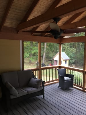 Deck and screen porch Round hill, Va. Stained rafters..