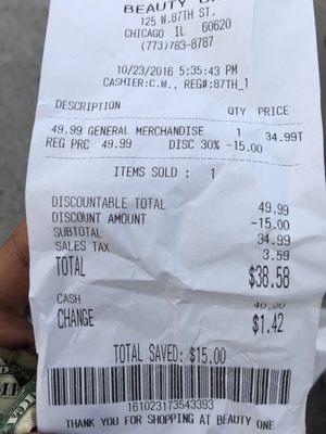 My receipt showing he refused to match ANY price as his sign claims in window