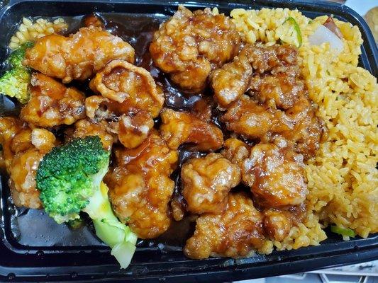 General Tso's Chicken, tangy spicy, sweet. The portions are generous and the flavor is full