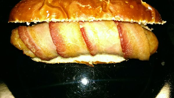 The bacon wrapped Hungarian, my concoction on a pretzel bun from Sendiks was super good, I'm doing this again.