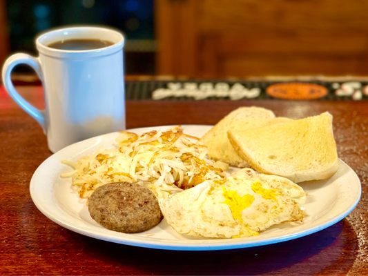 The Early Bird with Hash Browns, Sourdough Toast & Coffee