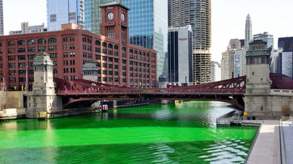 Old Chicago Courthouse on the Chicago River. (Green for Saint Patrick's Day)