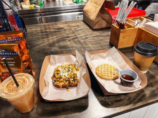 Lavender latte, street corn toast + gf waffle