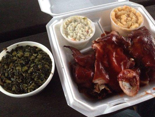 1/2 BBQ chicken dinner, cole slaw, mac & cheese & a regular size side of collard greens