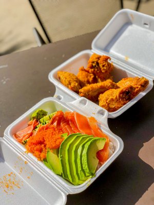 Salmon sashimi bowl and their fried chicken