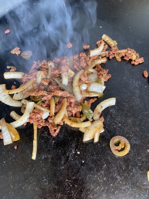 Steak with grilled onions