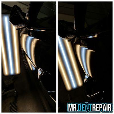 Hail damage fender before and after repair.