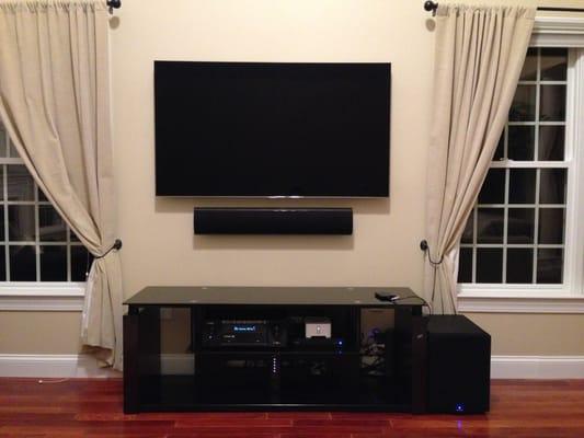 TV mounted, speaker bar, subwoofer - they hid all the wires. Looks great!