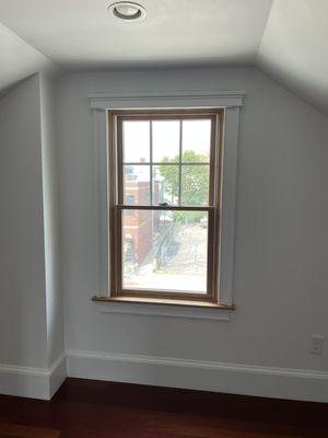 Custom window trim with hardwood window sill