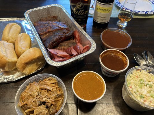 Pulled pork, mild sausage, pork ribs and coleslaw for a rainy day...All very good! (Bourbon and wine not included).