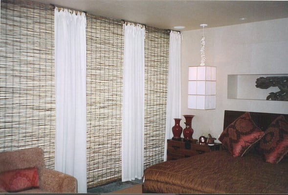 Bamboo shades, tie top drapery linen panels