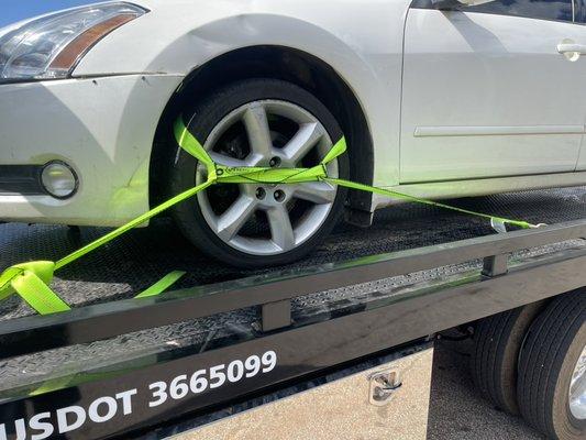 We use a 8 point tie down system to prevent any damage to your vehicle