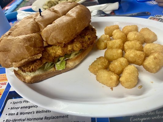 Chicken Fried Steak Sandwich and Tator Tots