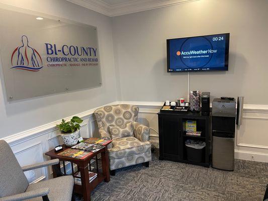 Waiting area, coffee, water, magazines, and tv