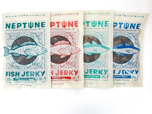 Fish jerky from Neptune Snacks in Seattle, WA. Sea Salt & Juniper, Spicy Cajun, Sweet Citrus Ginger, or Cracked Pepper. Rockfish & Pollock.