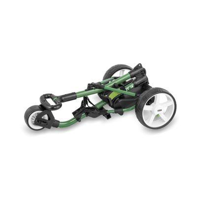 HB Scout electric golf trolley in green, folded for compact storage.