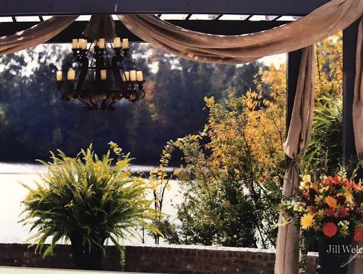 One of our most favored ceremony locations....under the pergola overlooking our lake! Thank Jill Welch for this beautiful pic!