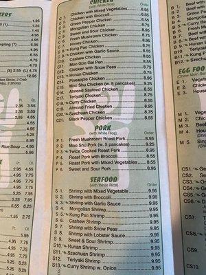 Chicken, pork, seafood menu