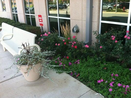 Nice landscaping. Smoking benches are placed far away from the main doors.