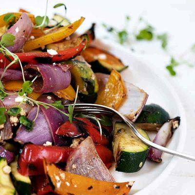 Grilled vegetable salad with balsamic vinaigrette served with toasted pita bread and tzatziki sauce