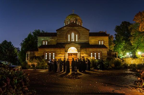 The chapel before a service at night. Photo by Tzetzis Photography