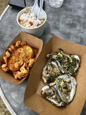 oysters rockefeller, garlic shrimp, and gumbo