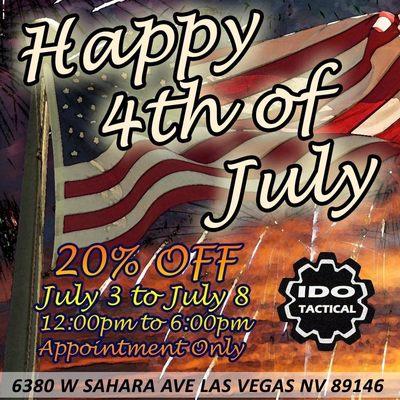 July 4 Sale Everything 20% off. From 07/03-07/08. We close on July 4.