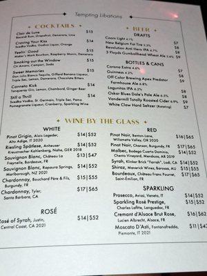 Cocktail menu