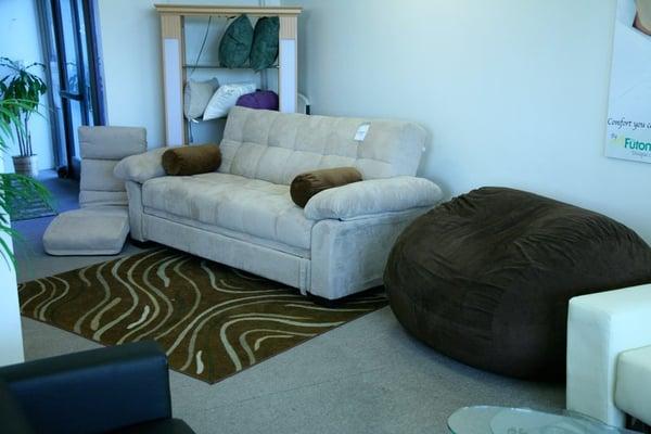 Brazil plush sofa bed with matching rug, bean bag and convertible game chair.