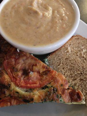 Cauliflower soup and veggie quiche with sourdough bread.