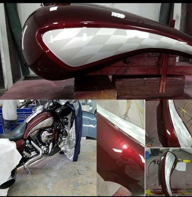 CUSTOM HAND TAPED, AND PAINTED ORIGINAL 1 OF 1 CHECKERBOARD INLAID INSIDE 3 STAGE CANDY RED HARLEY DAVIDSON