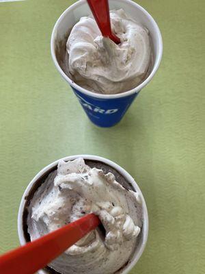 Blizzards. Large. Top, chocolate chip cookie dough. Bottom, turtle pecan cluster.