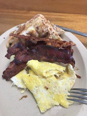 French toast, bacon & what was supposed to be scrambled eggs but was just a two egg omelette