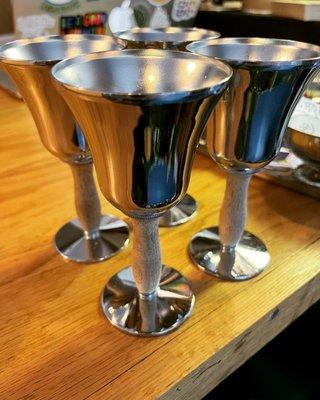 Vintage silver cordial glasses with wood stem. Set of 4, $32.