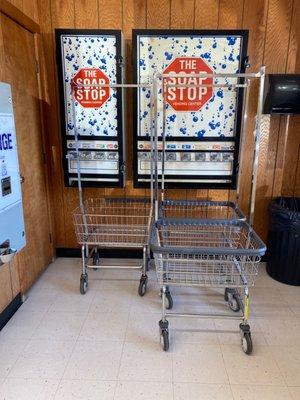 Decent laundry carts, and a soap and dryer sheet dispenser.