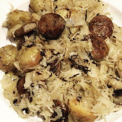 All-Aldi German bratwurst, sauerkraut and potato fry-up.