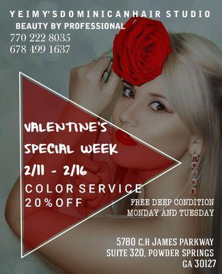 20% OFF color service during the valentine week. Love is in the hair.