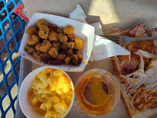 Fried okra, creamy Mac n cheese, pulled pork, great BBQ sauce.