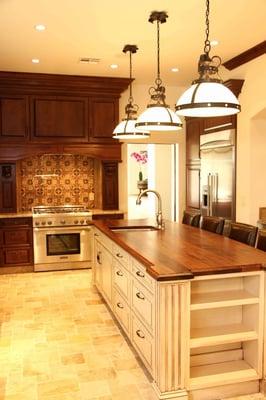 custom kitchen cabinets with special glaze center island, with walnut island top