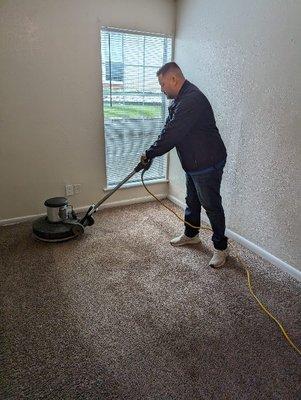 Mastermind Carpet Cleaning using a buffer/agitator to make sure we do thorough job cleaning your carpet.