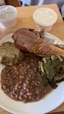 Turkey leg, Black Eyed Peas, dressing, greens