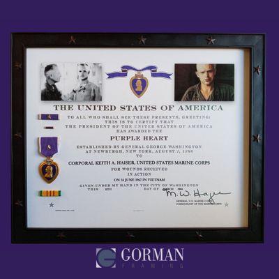 Honored to have worked on this Purple Heart piece.
 
 A client brought in a certificate, a Purple Heart medal, and a couple of pictures.