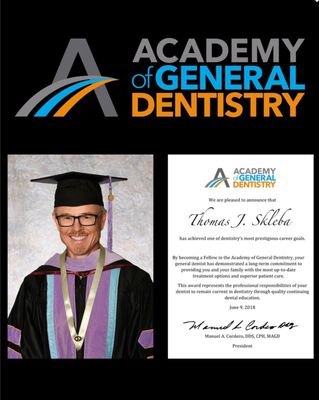 Dr. Skleba received the Academy of General Dentistry Fellowship award in June 2018.  Only 6% of general dentists have earned this title.