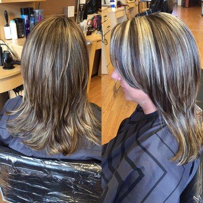 Chunky multi color foil and layered haircut