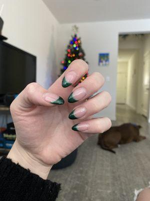 Almond shape with green glitter tips