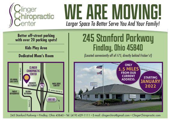 We are moving!  Starting January 2022 we will now be located at 245 Stanford PKWY!