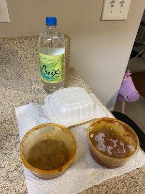 Half of the leftover Butter Lamb and Lamb Tikka Masala with the "two" sides rice I ordered (the white closed container)